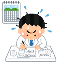 焦って書類を書く白衣の男性のイラスト