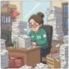 たくさんの書類に囲まれる女性店長