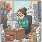 たくさんの書類に囲まれる女性店長