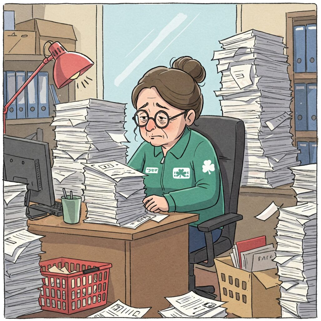 たくさんの書類に囲まれる女性店長