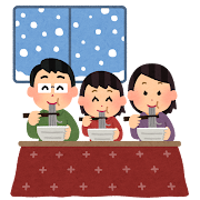 年越しそばを食べる家族のいらすと